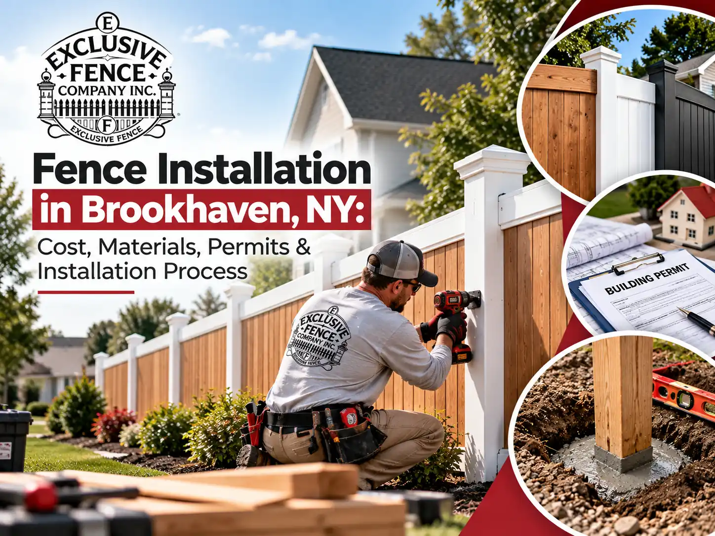 Exclusive Fence Company installer securing a wooden privacy fence in Brookhaven, NY, with close-up views of fence materials, building permits, and concrete fence post installation.