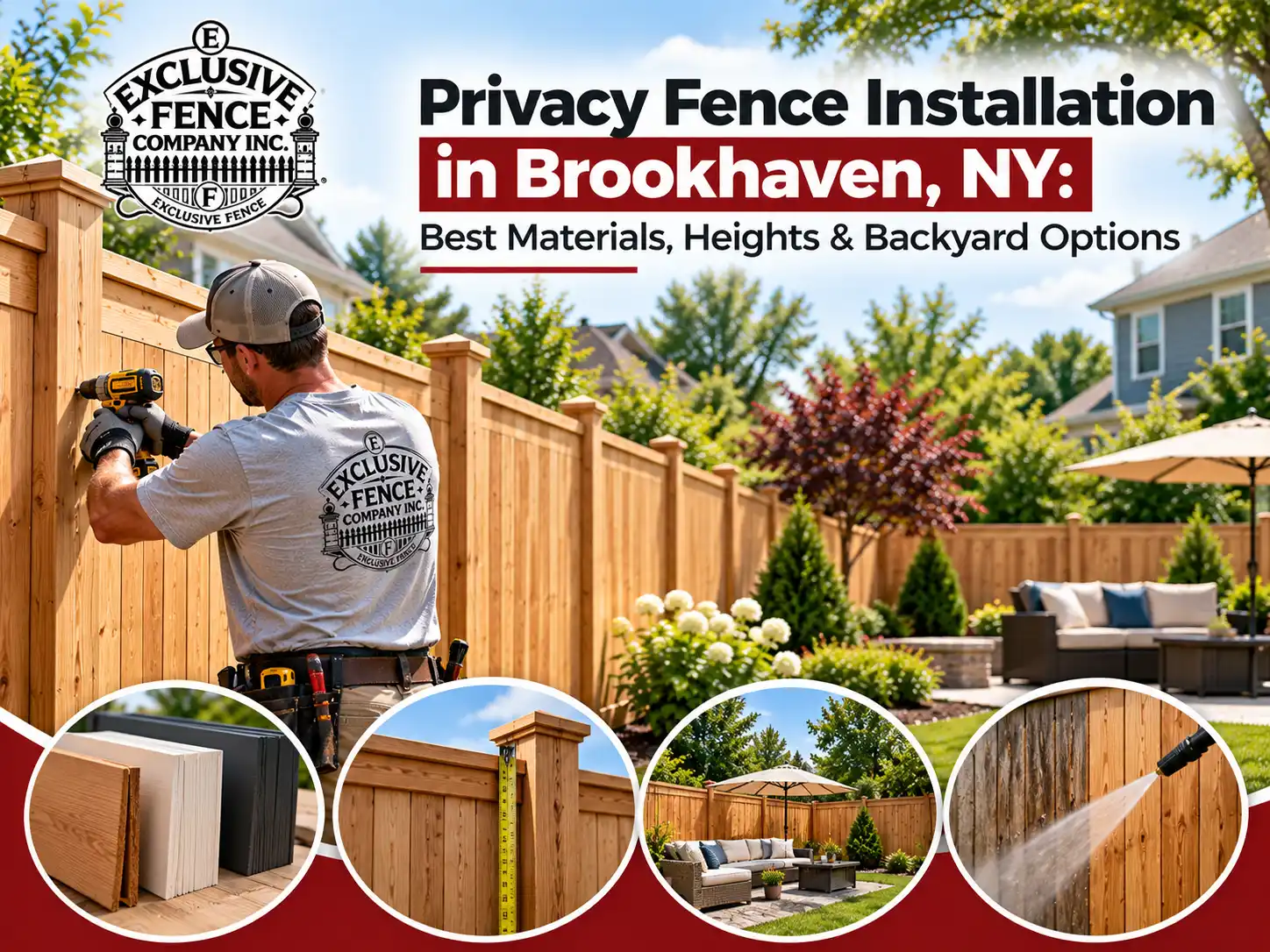 Exclusive Fence Company installer building a wooden privacy fence in Brookhaven, NY, with close-up views of fence materials, height measurements, backyard privacy options, and fence cleaning