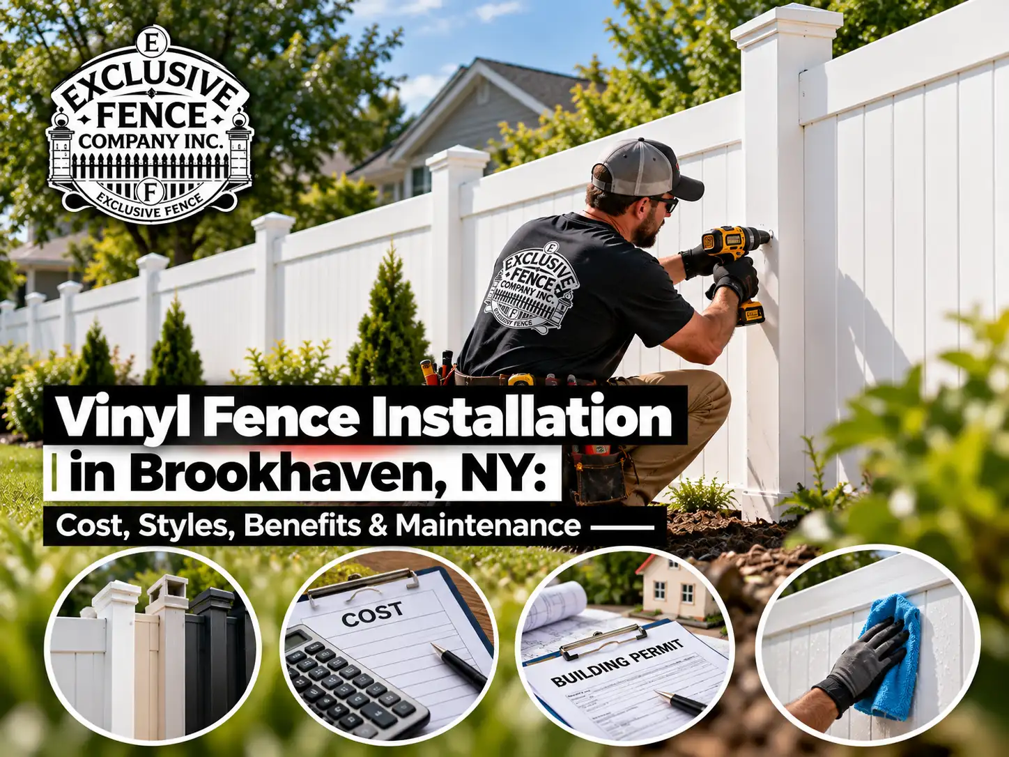 Exclusive Fence Company installer securing a white vinyl privacy fence in Brookhaven, NY, with close-up views of fence styles, installation costs, building permits, and fence cleaning.